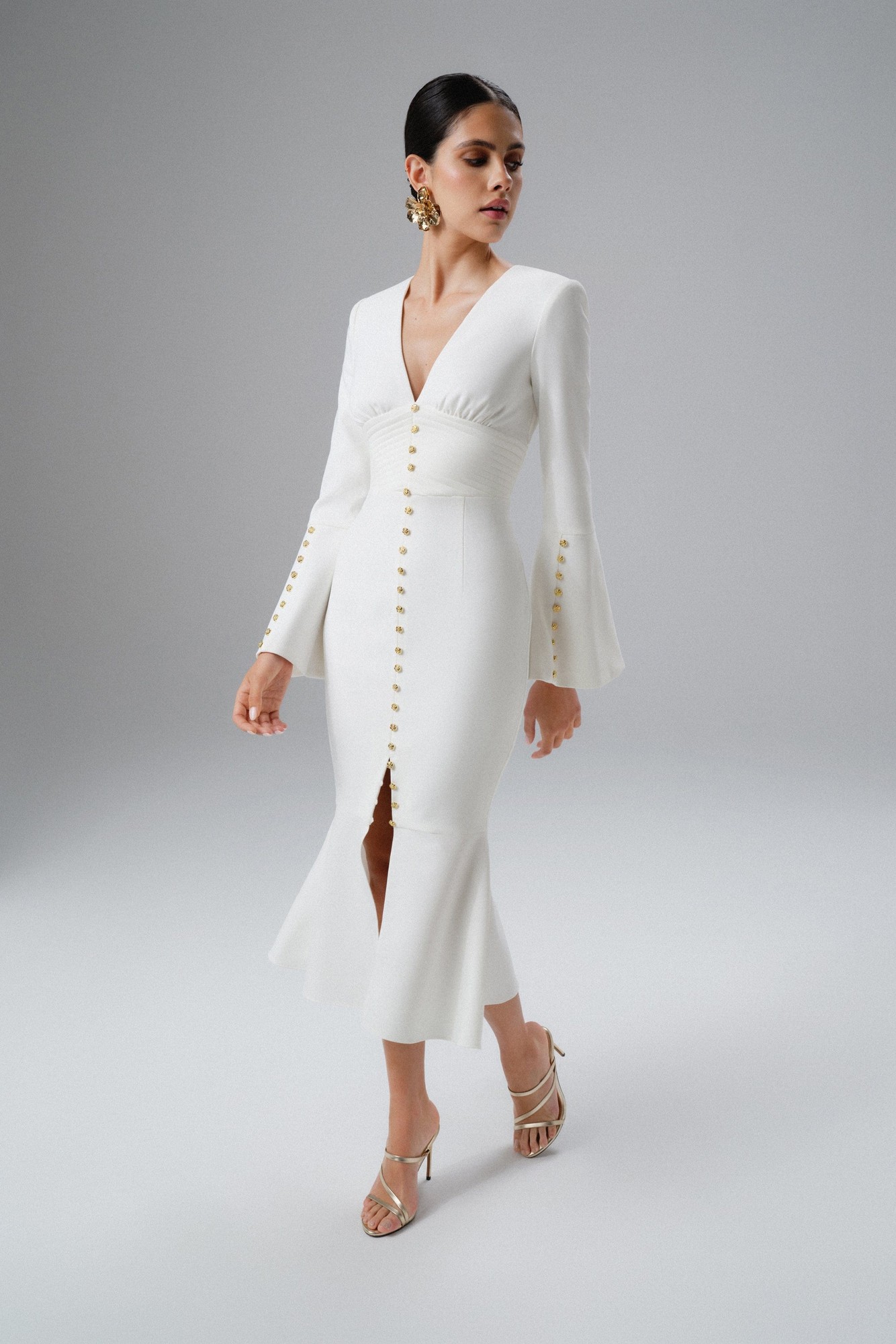 Lavish Alice Lavish Alice SALMA Fluted Sleeve Micro Rose Button MIDI Dress in White XS UK6