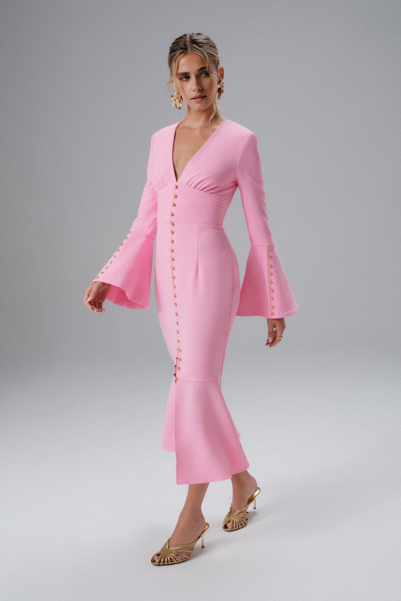 Lavish Alice SALMA Fluted Sleeve Micro Rose Button Midi Dress in Pink SM UK10 - image 4
