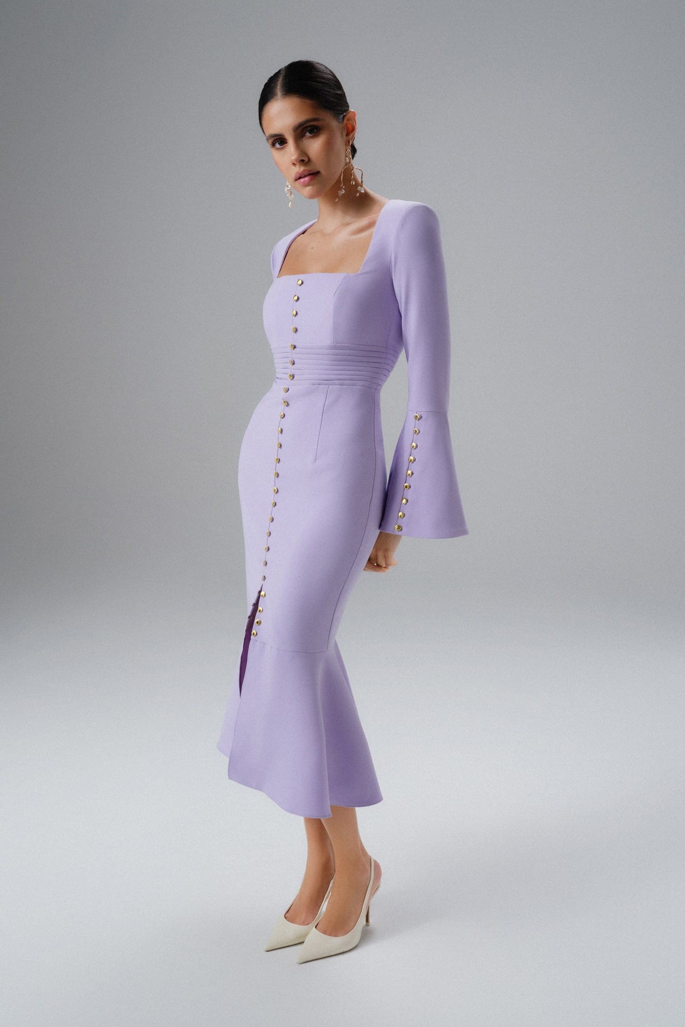 Lavish Alice purple MIDI dress features fluted sleeves, a square neckline, and button detailing down the front, made from a sleek material with a fitted silhouette.