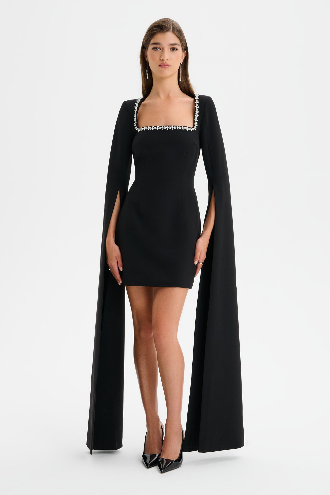 Black mini dress with square neck and embellished trim, featuring dramatic cape sleeves, designed by Lavish Alice, in size XXL UK18.