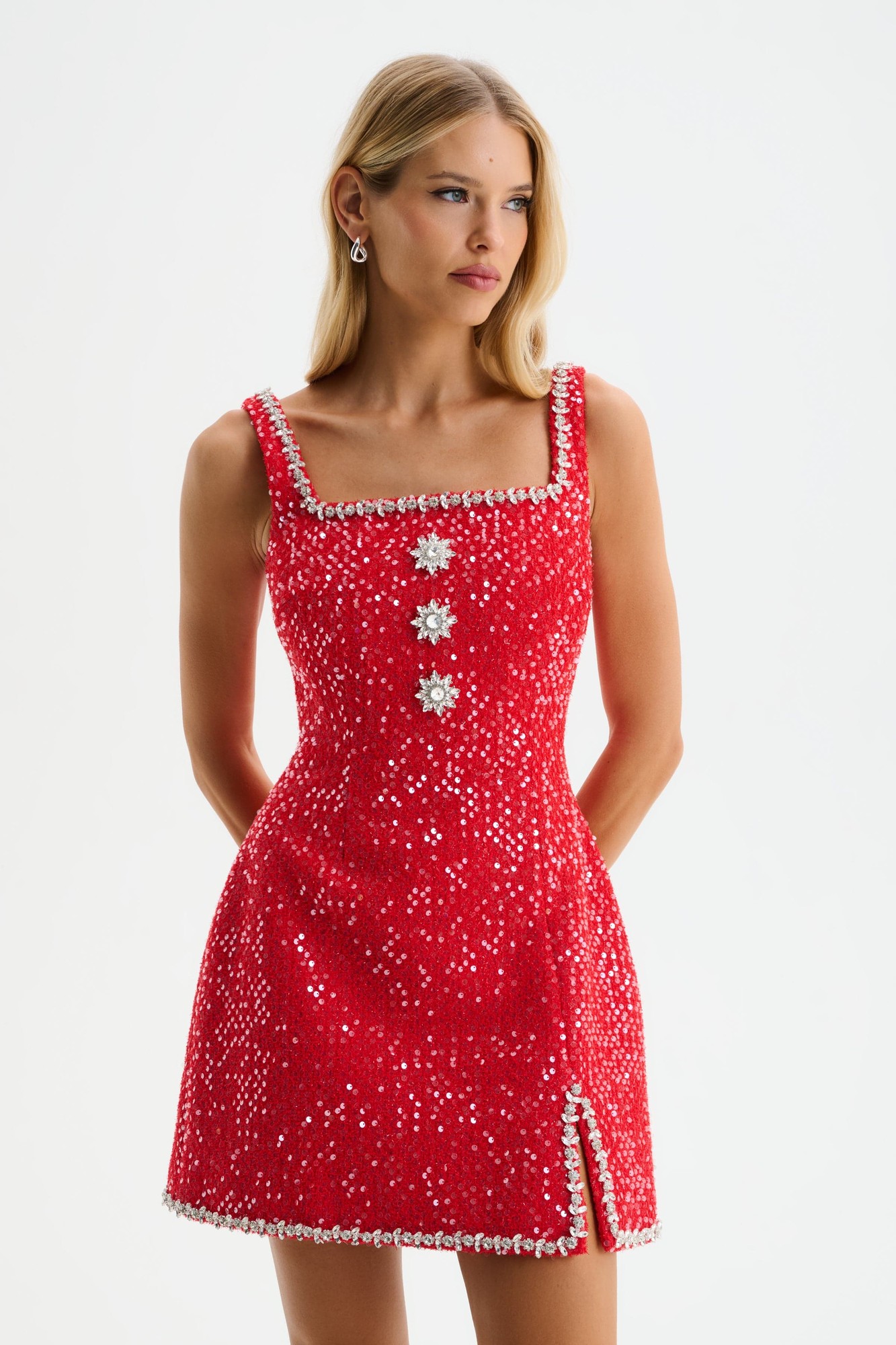 Lavish Alice ZOEY Embellished Boucle Tulip Mini Dress in Red XXL UK18 - image 4