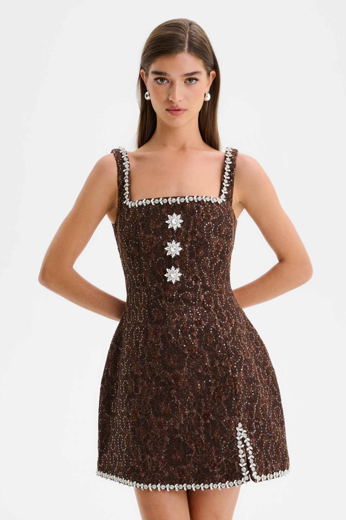 Lavish Alice ZOEY Embellished Lace Boucle Tulip Mini Dress in Chocolate XXL UK18 - image 3