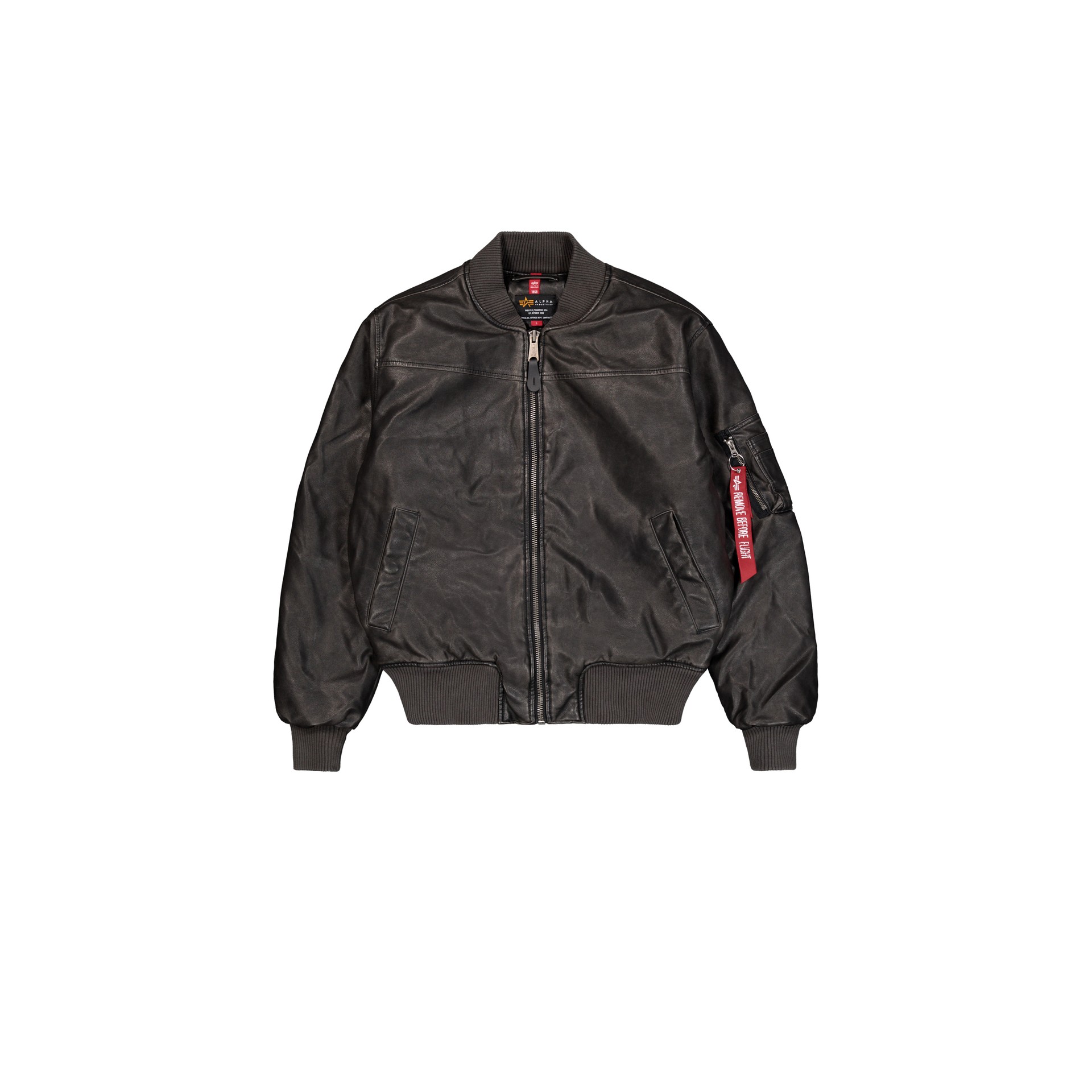 Vintage black leather MA-1 bomber jacket by Alpha Industries, featuring a front zip closure, ribbed cuffs, and a signature red tag on the sleeve.