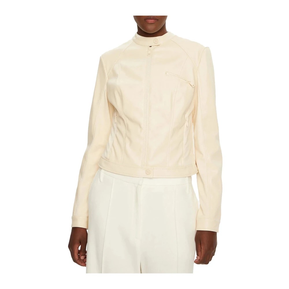 Cream-colored leather jacket for women by Guess, featuring a high collar, zippered front, and a fitted silhouette with a side pocket.