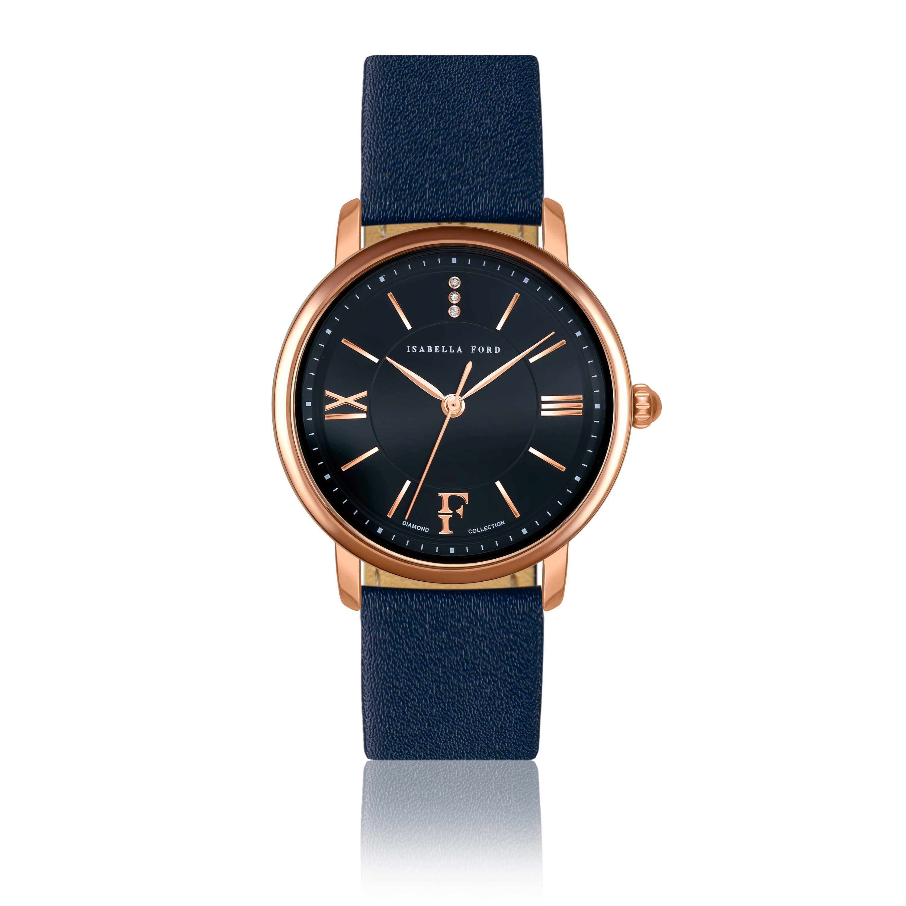 Navy leather strap watch with a rose gold case, featuring a dark blue dial, Roman numerals, and a prominent "F" logo at the bottom.