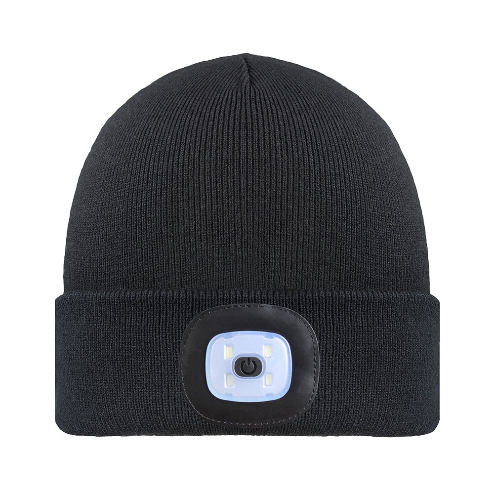 Black knitted LED beanie by Proviz featuring a front light panel for visibility, with a soft, stretchy material for comfort and warmth.