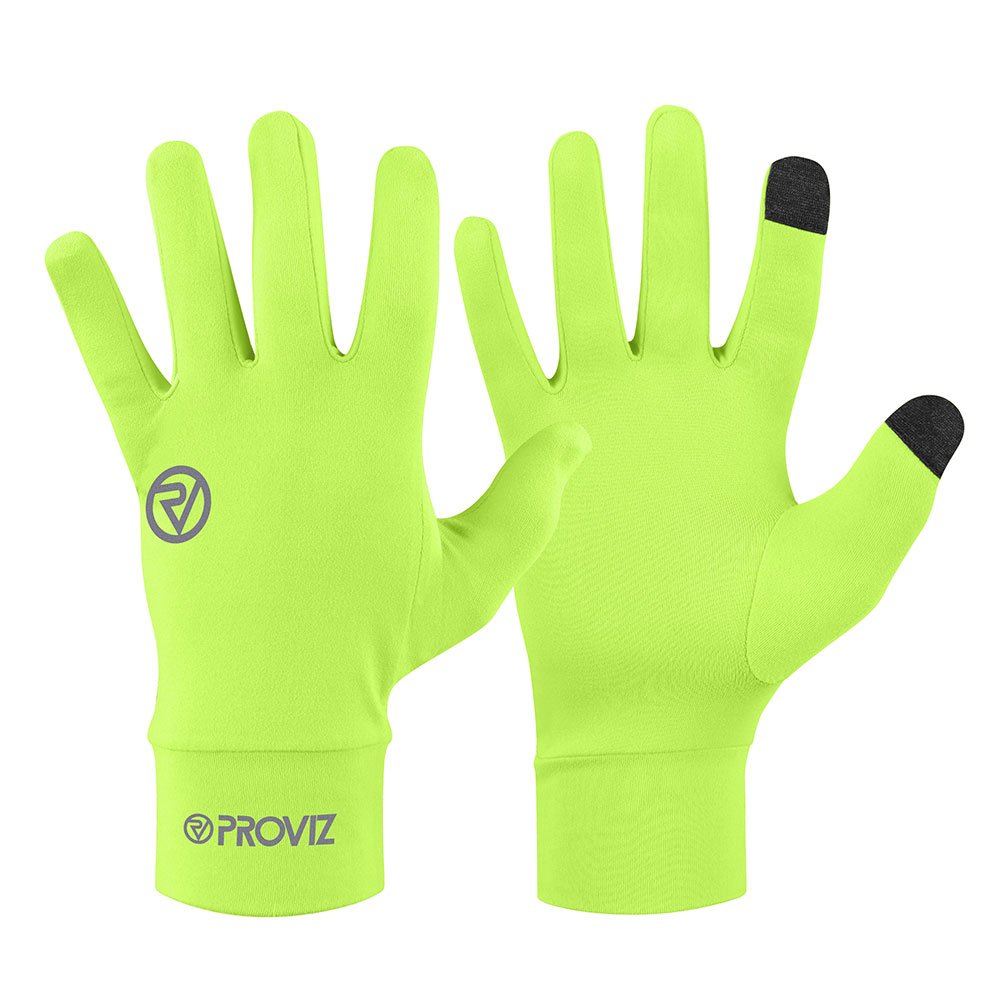 Bright neon yellow lightweight running gloves with touchscreen-compatible fingertips, featuring a snug fit and the Proviz logo on the wrist.