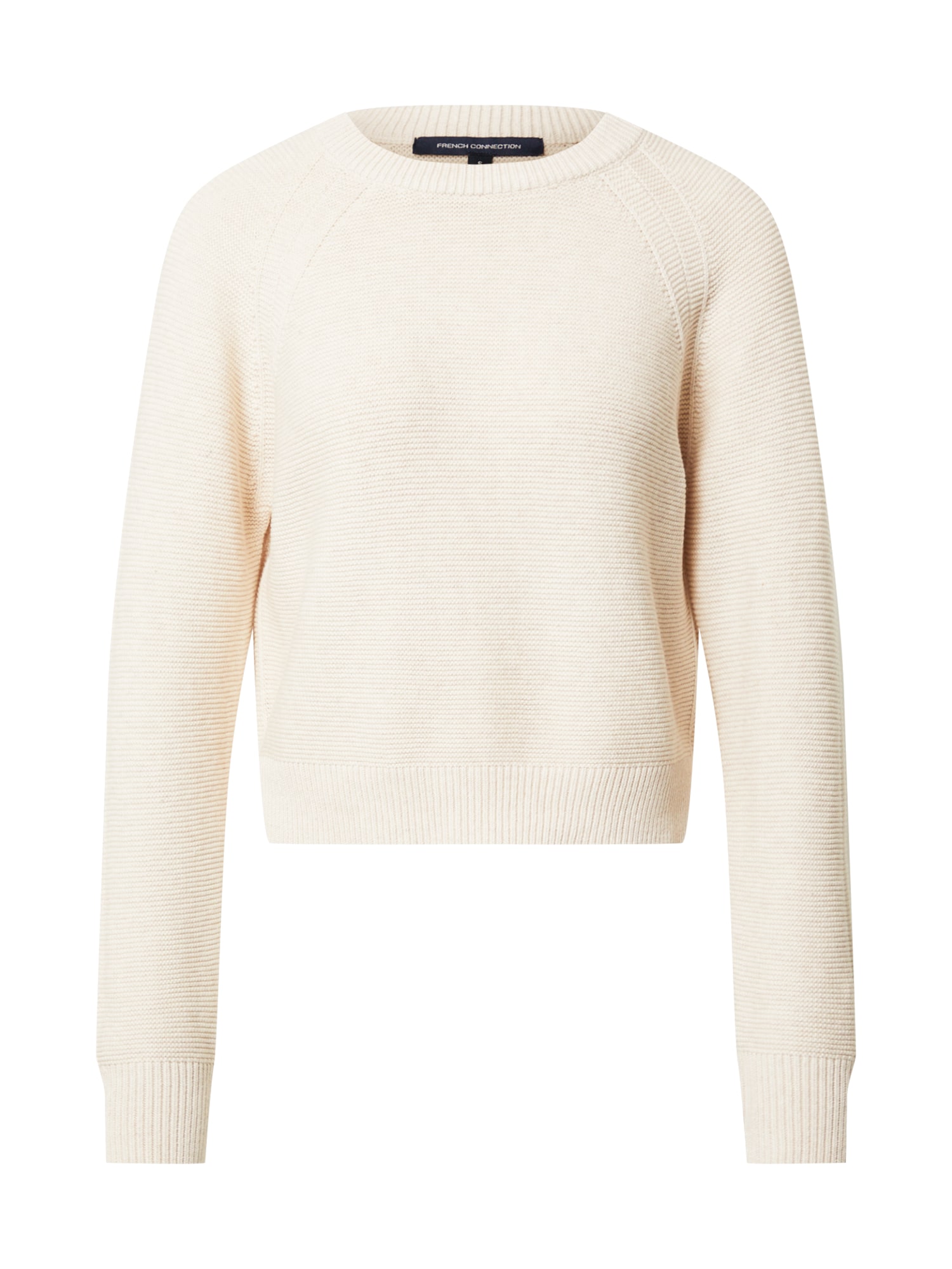 Light oatmeal melange crew neck jumper with ribbed texture and long raglan sleeves, featuring a cropped design and soft knit material.