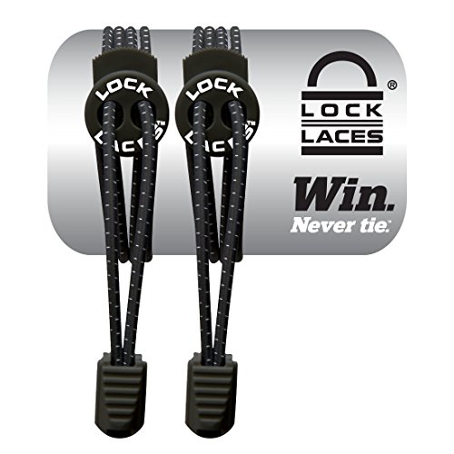 Black elastic shoelaces with no-tie design, featuring a locking mechanism and plastic tips, packaged with the Lock Laces logo and slogan "Win. Never tie."