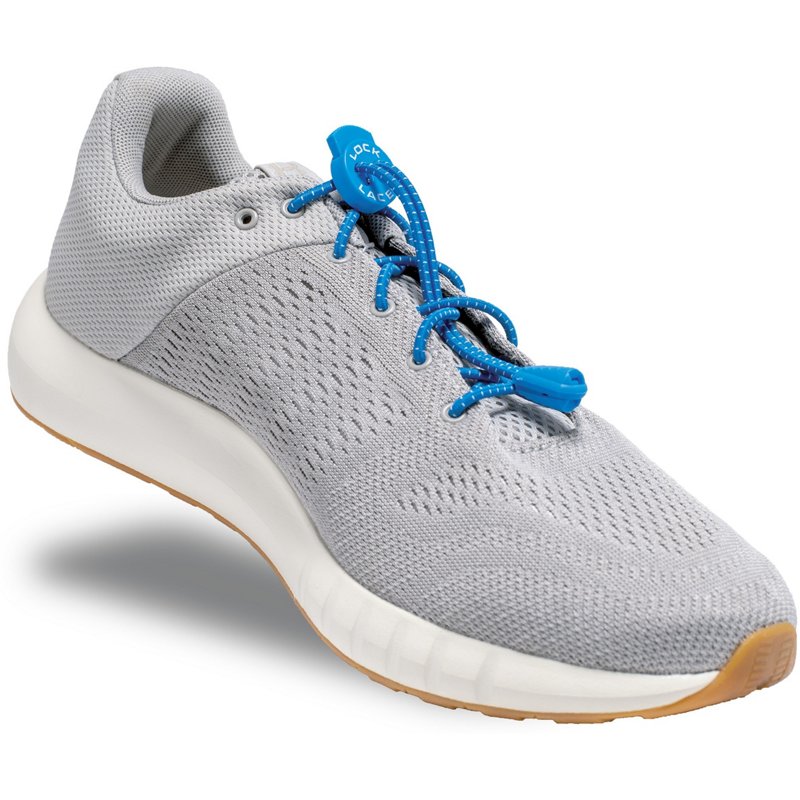 Royal blue elastic no-tie shoelaces, 48 inches long, feature a locking mechanism for secure fit, displayed on a light gray athletic shoe with a breathable mesh upper.