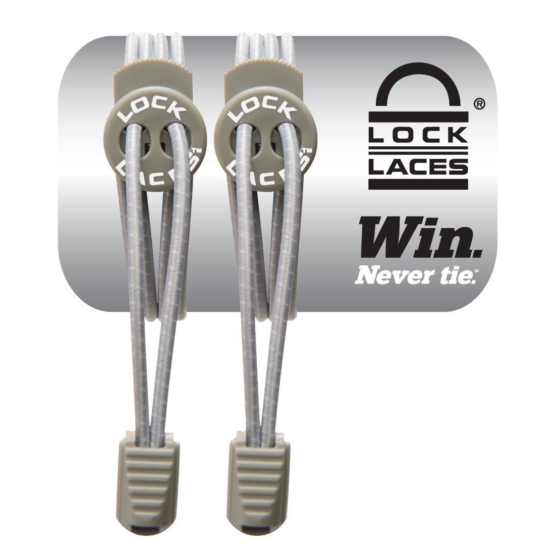 Cool gray elastic shoelaces with a no-tie design, featuring two locking mechanisms and a textured end for secure fit, packaged with the Lock Laces logo.