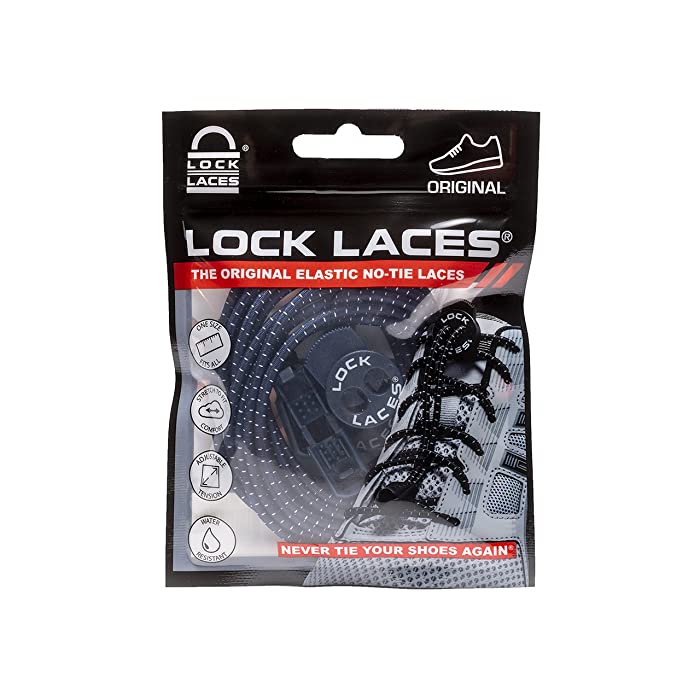 Blue elastic no-tie shoelaces packaged in a black and white bag, featuring the Lock Laces logo and a graphic of a sneaker, promoting convenience and ease of use.