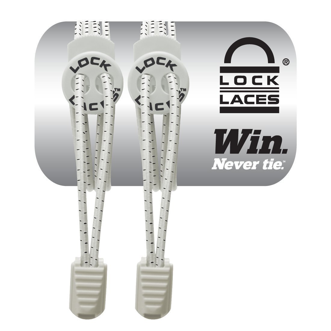 White elastic shoelaces with a no-tie design, featuring a locking mechanism and textured ends for secure fit, measuring 48 inches in length.