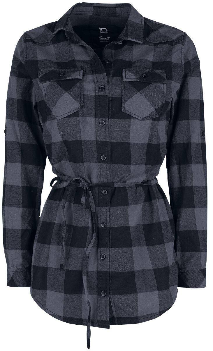 Black-grey plaid longshirt for women by Brandit, featuring a button-up front, two chest pockets, long sleeves, and a tie waist for a fitted look, available in size XS.