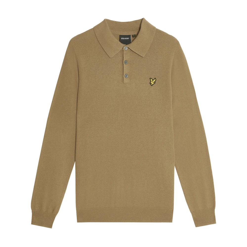 Long-sleeved polo in a warm beige Merino cotton, featuring a classic collar, three-button placket, and a small yellow Lyle & Scott logo on the chest.