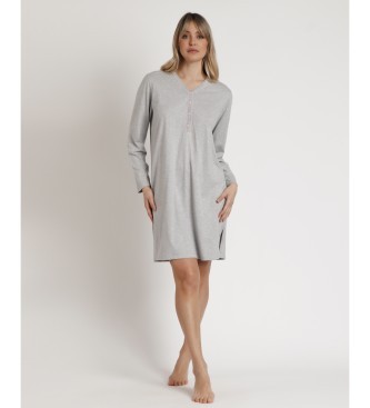 Light grey long-sleeved nightdress featuring a V-neckline and button placket, made from soft material, with a relaxed fit and side slits for comfort.