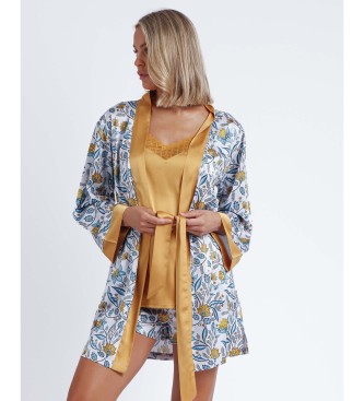 Long-sleeved women's robe in a floral print featuring blue, yellow, and green hues, with a satin gold tie and matching camisole underneath.