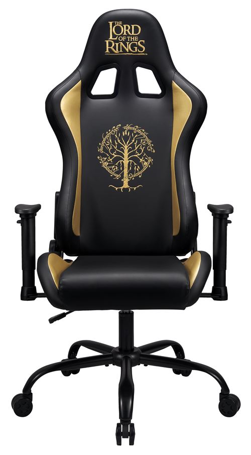 Black ergonomic gaming chair featuring gold accents and a Tree of Gondor emblem, with adjustable armrests and a sturdy five-point base.