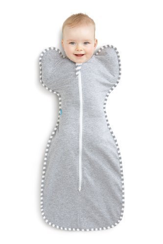 Gray baby sleep sack with large, rounded arm openings, a front zipper, and striped trim, designed for self-soothing and comfort.