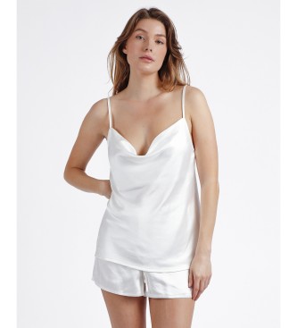 Luxury satin strapless pyjama set for women in soft white, featuring a deep V-neck top and matching shorts, designed for comfort and elegance.
