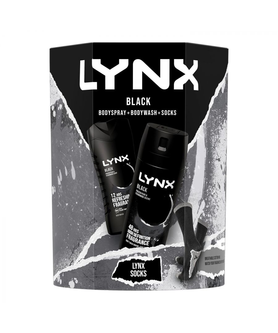 Black packaging featuring Lynx branding, includes body spray and body wash, with a pair of black socks visible; modern design with splatter graphics.