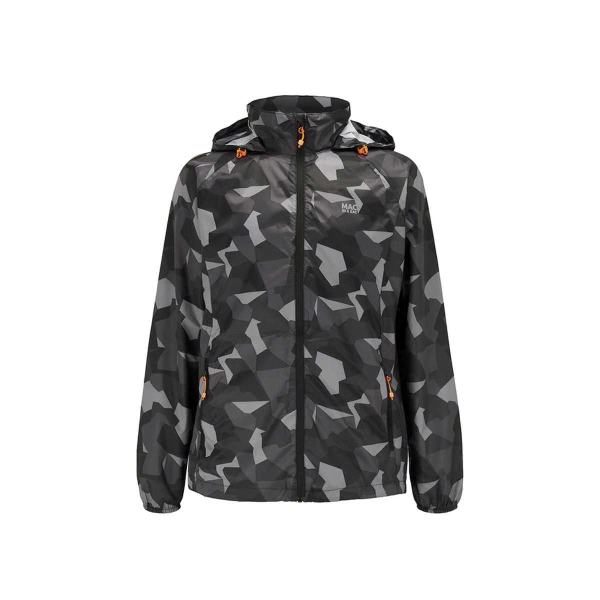 Lightweight black camo jacket featuring a hood, zippered front, and adjustable drawstrings, with orange accents and the MIAS logo on the chest, size XL.