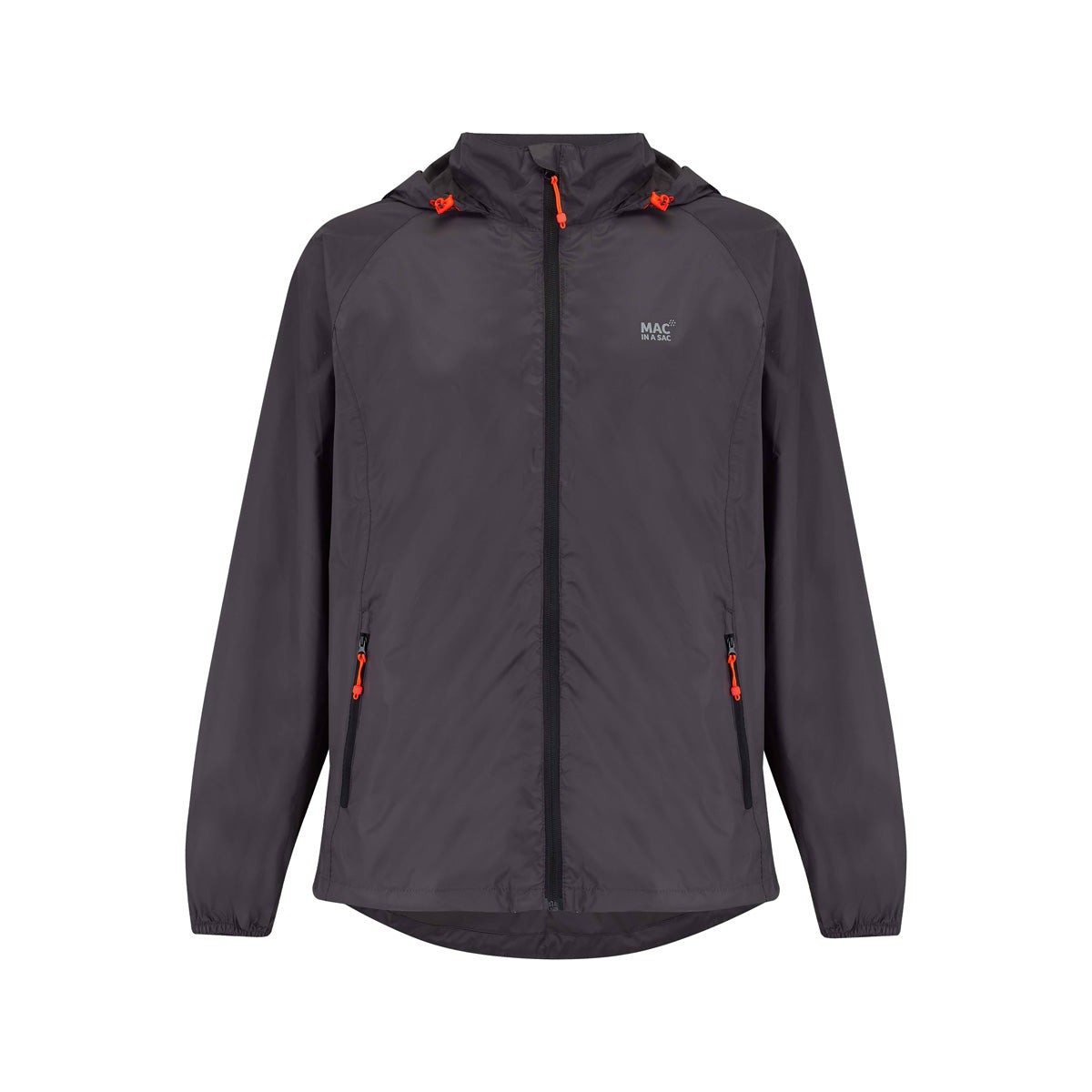Lightweight charcoal gray jacket with a zip front, adjustable hood, and orange accents, featuring two zippered side pockets and a logo on the chest.
