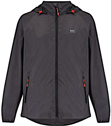 Charcoal lightweight jacket with a hood, featuring a full front zipper, adjustable drawstrings, and two side pockets, designed for outdoor wear in size XL.