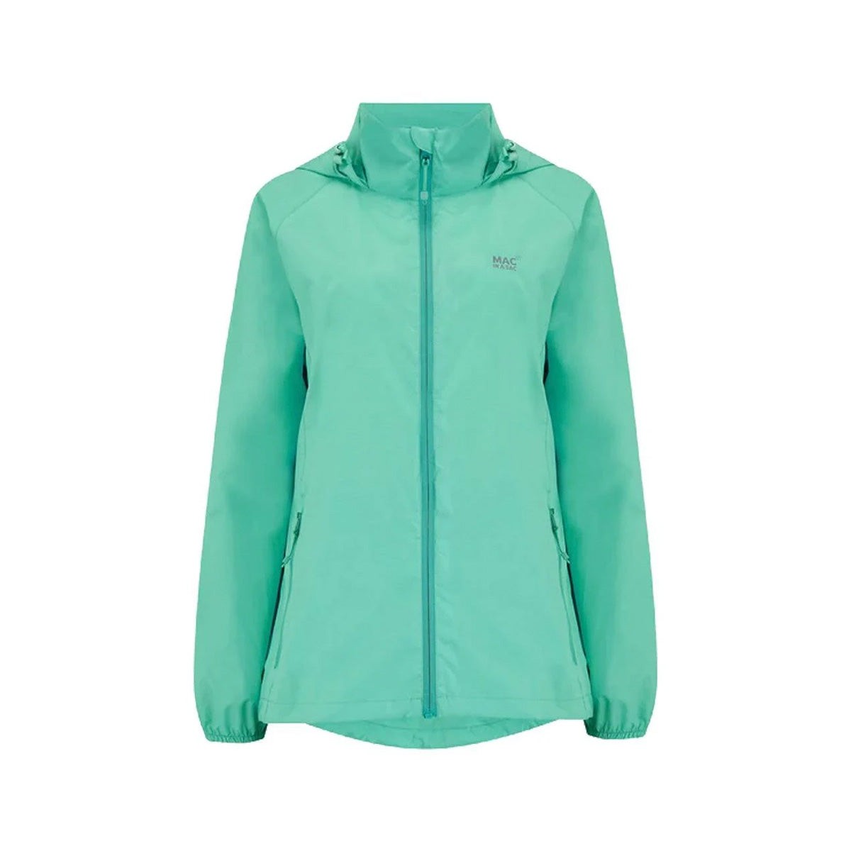 Tiffany blue waterproof packable jacket for men and women, featuring a zip front, adjustable hood, and elastic cuffs, made from lightweight, breathable material.