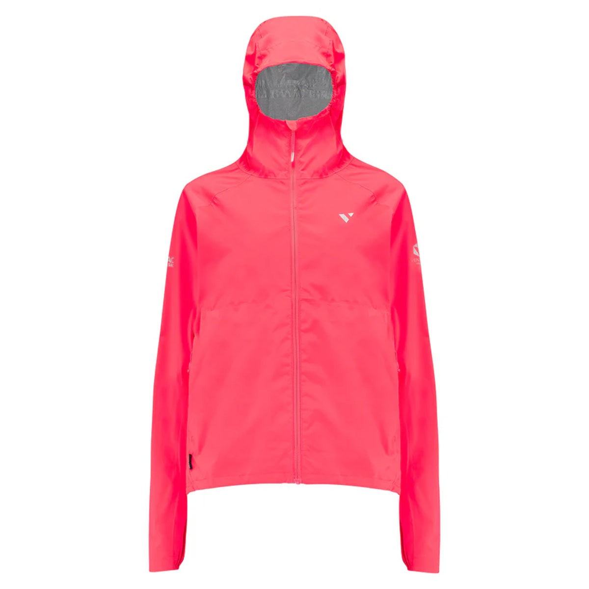 Bright pink ultralite women's running jacket by MIAS, featuring a hood, zip closure, and reflective details for visibility during outdoor activities.