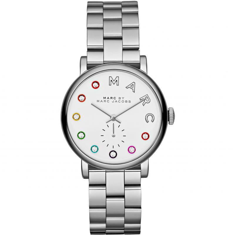 Silver stainless steel women's watch with a white dial, featuring colorful gem hour markers and a minimalist design, showcasing the brand name "MARC" prominently.