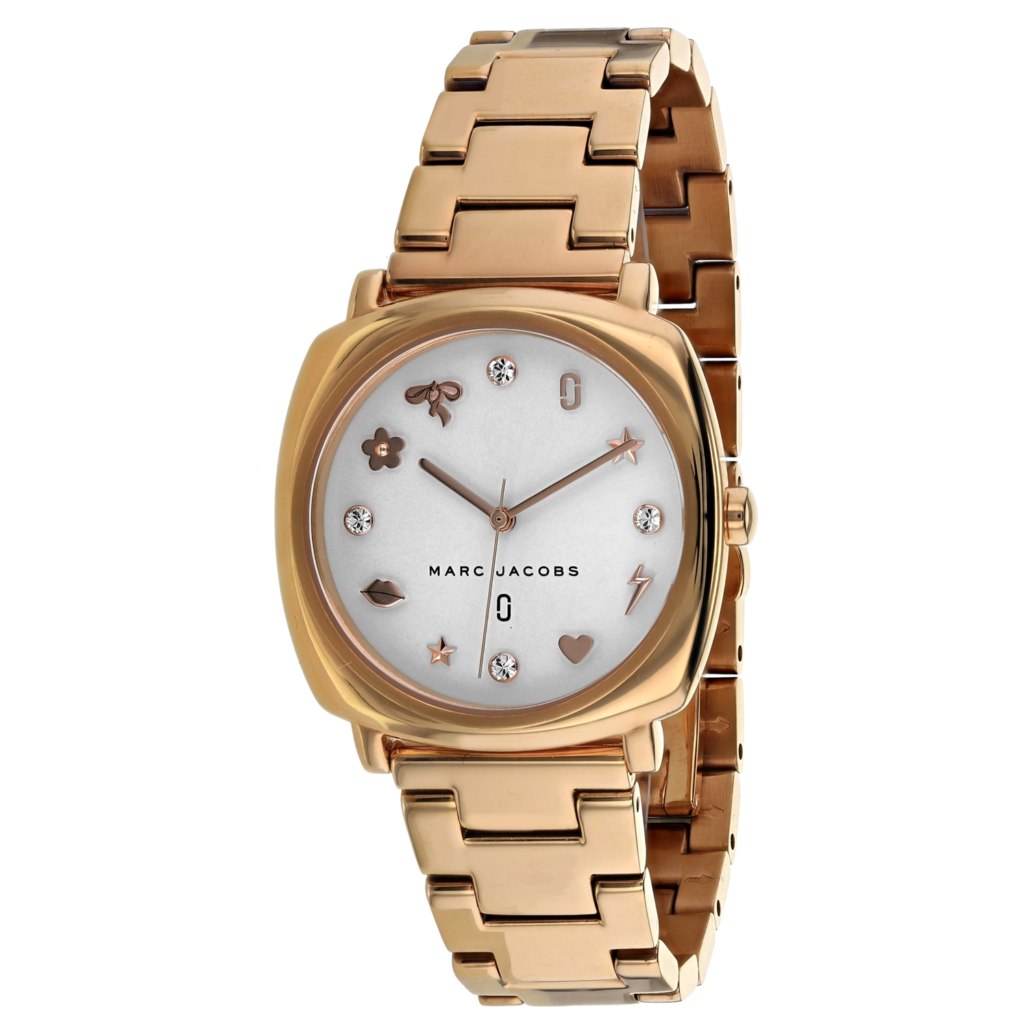 Gold-tone stainless steel women's watch featuring a square case, silver dial with decorative symbols and crystals, and a linked bracelet strap.