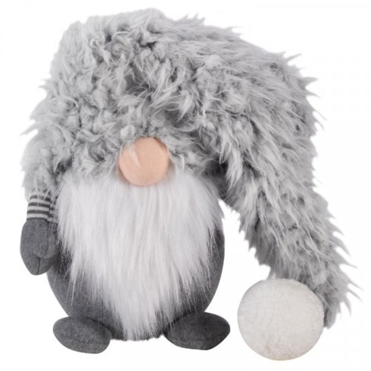 Super furry winter gnome in grey with a long, shaggy hat, fluffy white beard, and round body, featuring a pink nose and a small white pom-pom.