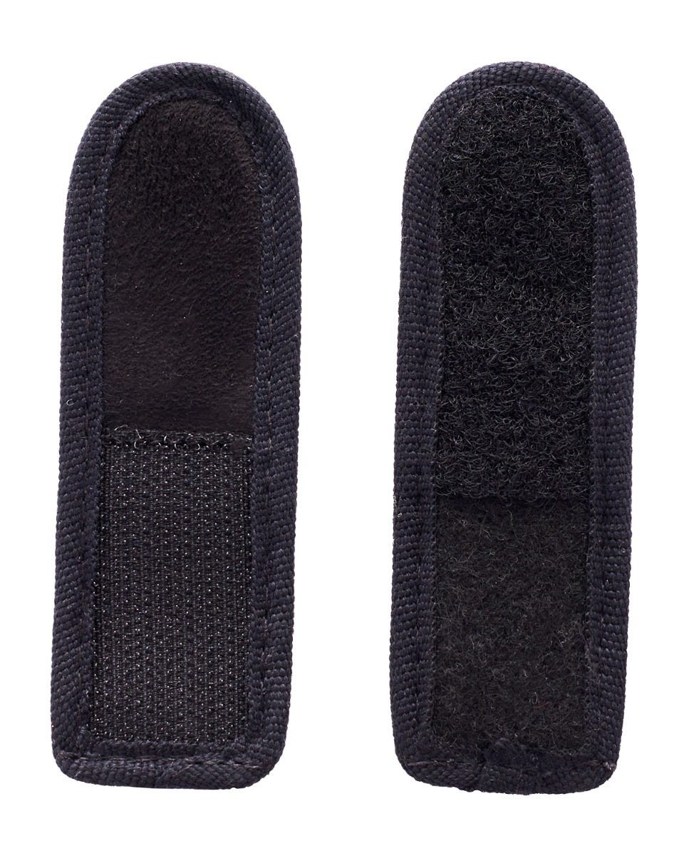 Black fabric strap extensions with a soft, textured surface and Velcro closure, designed to provide extra length for footwear straps.