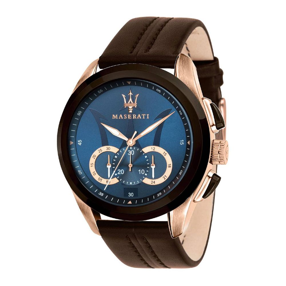 Maserati R8871612024 Traguardo watch features a blue dial with gold-tone subdials, a black bezel, and a brown leather strap, showcasing a sporty yet elegant design.