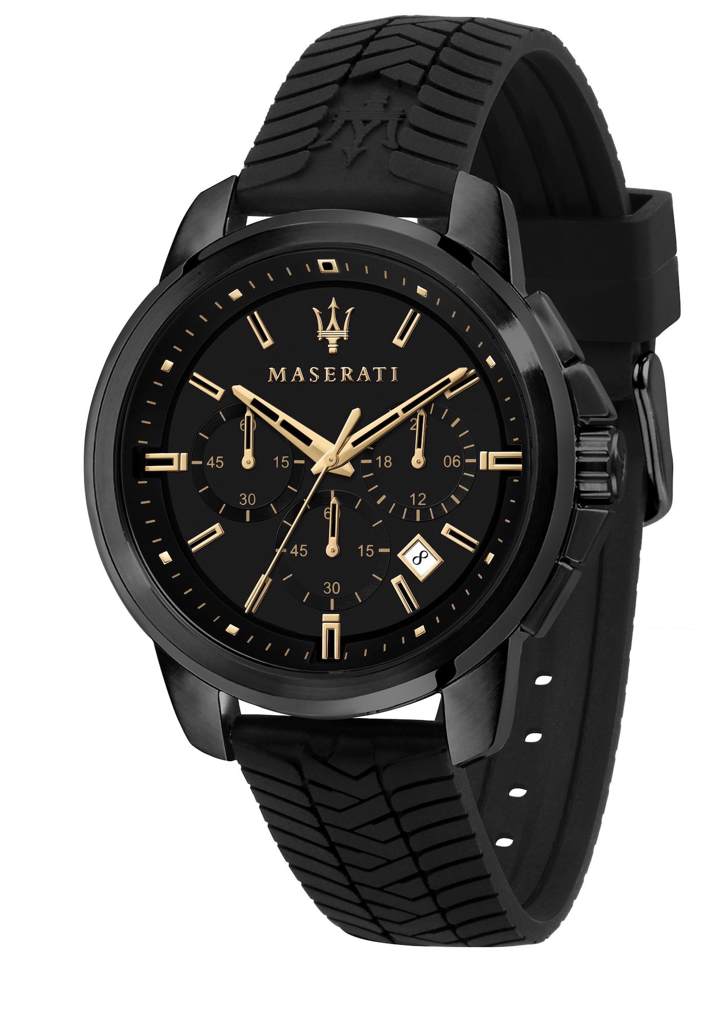 Maserati Successo R8871621011 watch features a black dial with gold accents, multi-function subdials, and a durable black rubber strap.