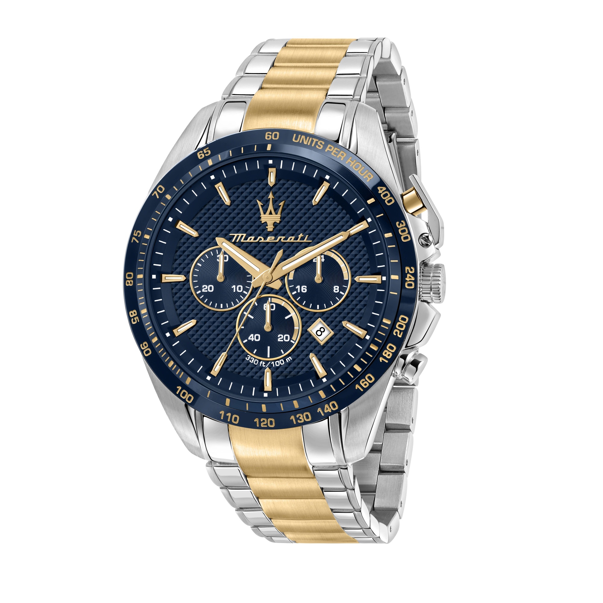 Maserati R8873612046 Traguardo Chronograph features a navy blue dial, silver and gold stainless steel bracelet, and subdials for chronograph functions.