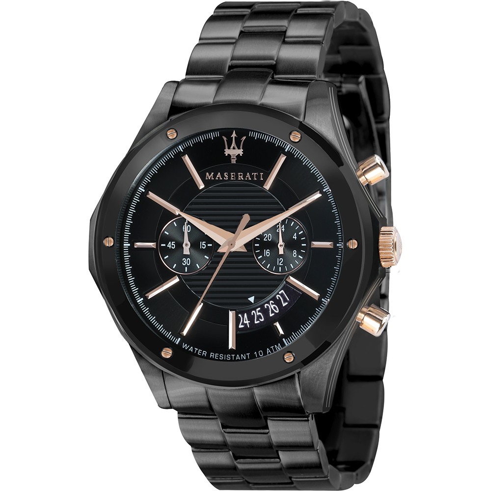 Maserati R8873627001 men's watch features a black dial with gold accents, a stainless steel case, a black bracelet, and chronograph subdials, showcasing a sporty yet elegant design.
