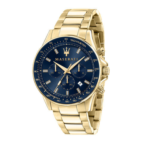 Gold stainless steel chronograph watch with a blue dial, featuring a tachymeter, three sub-dials, and a date display, highlighted by the Maserati logo and iconic trident emblem.