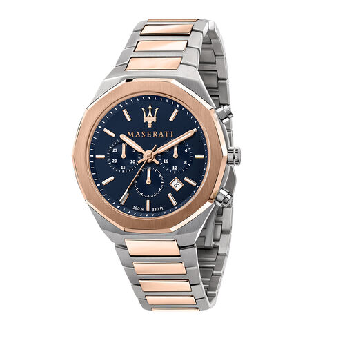 Maserati Stile Chronograph watch featuring a blue dial, rose gold and silver stainless steel case, and a linked bracelet, water-resistant up to 100M, designed for men.
