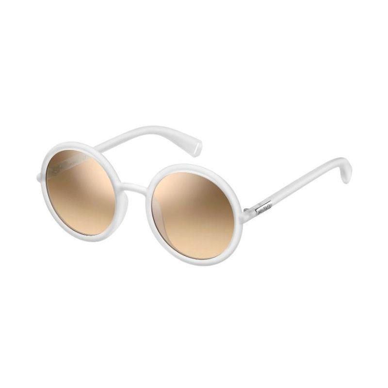 Round white sunglasses with a glossy finish, featuring light brown mirrored lenses and sleek, curved temples for a modern look.