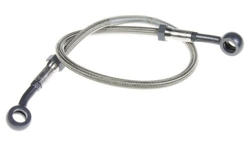 Steel braided brake hose with a transparent sheath, featuring black rubber ends and metal fittings, designed for durability and performance.