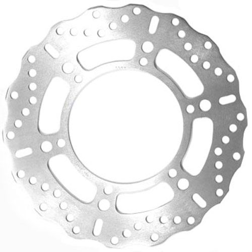 Stainless steel motorcycle brake disc with a circular design, featuring a series of drilled holes and a smooth, polished surface for enhanced performance and heat dissipation.