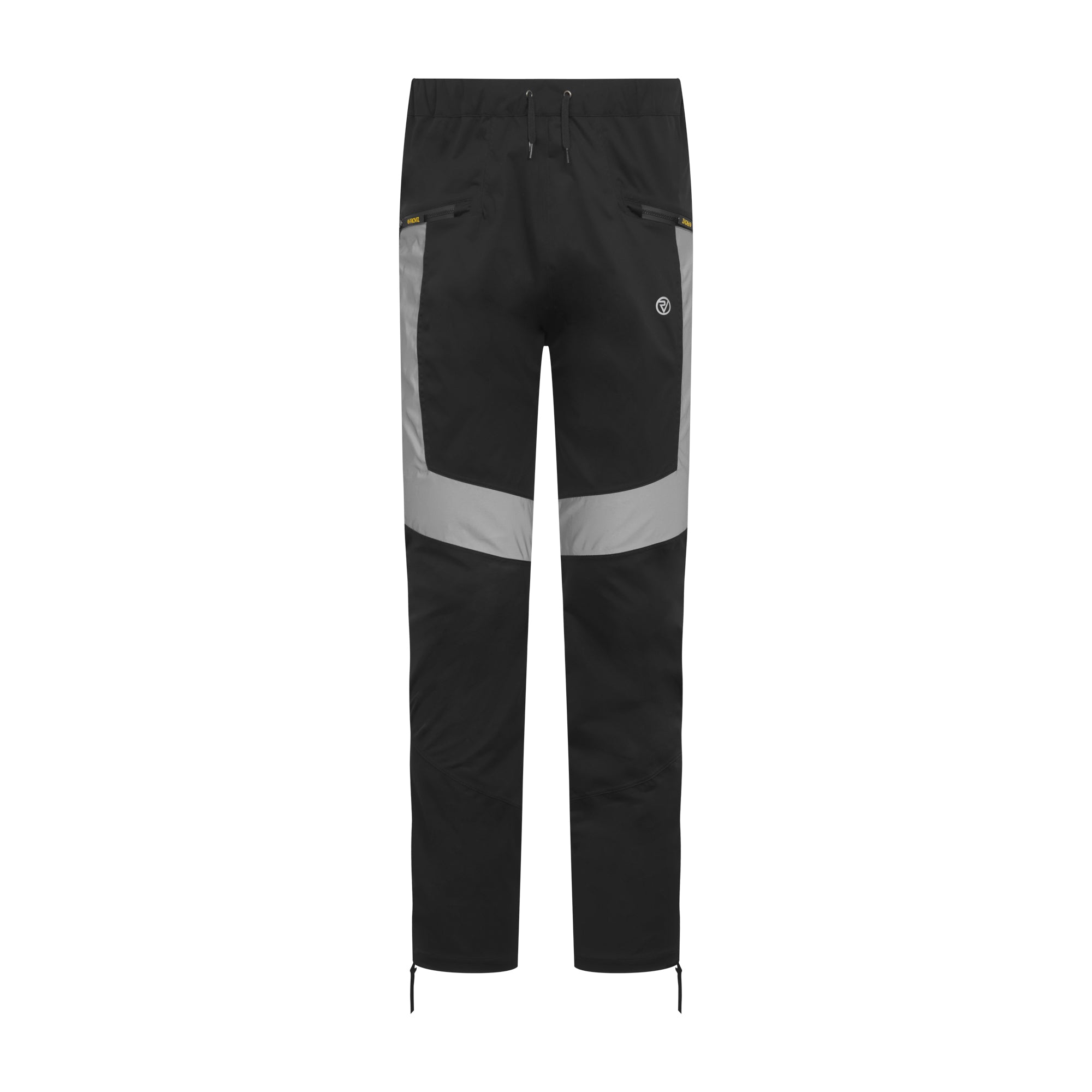 Men's tailored waterproof cycling trousers in black with reflective grey panels, featuring zippered pockets and adjustable cuffs for enhanced fit and visibility.