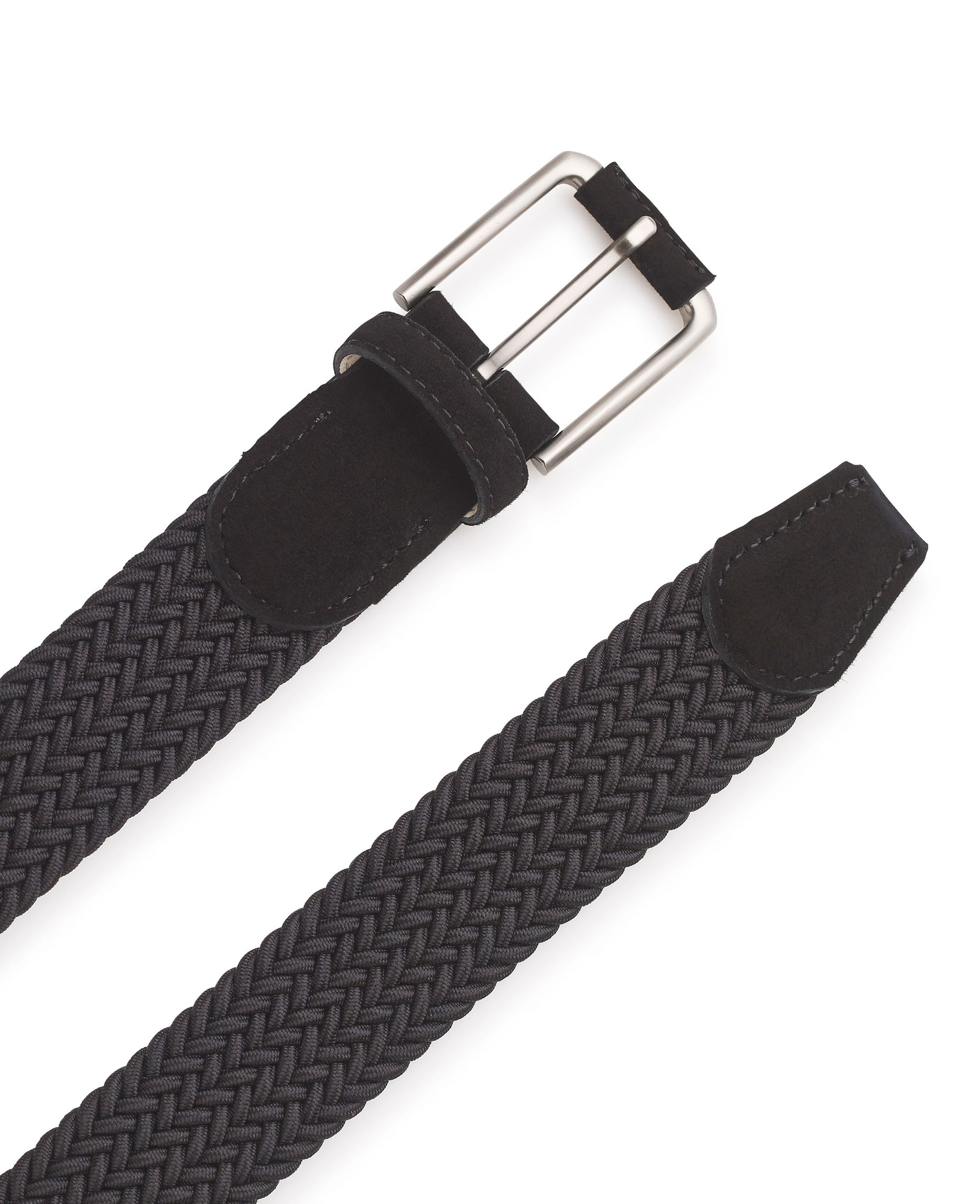 Men's black plaited suede belt featuring a sleek woven design, a smooth leather tip, and a silver metal buckle, labeled as size 32 by Savile Row Company.