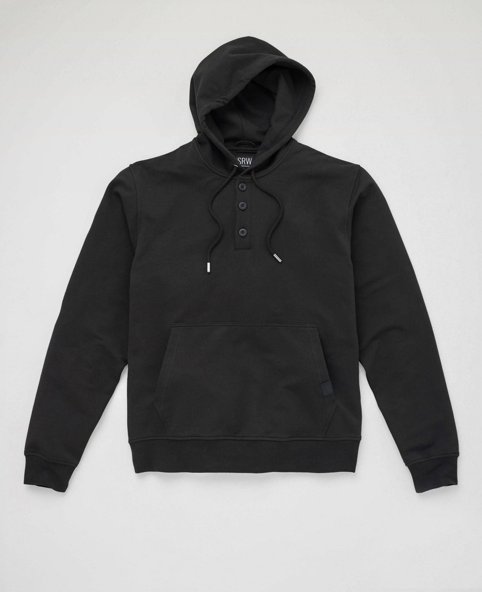 Men's black stretch cotton blend hoodie featuring a front pocket, adjustable drawstrings, and a buttoned neckline, available in size small from Savile Row Company.