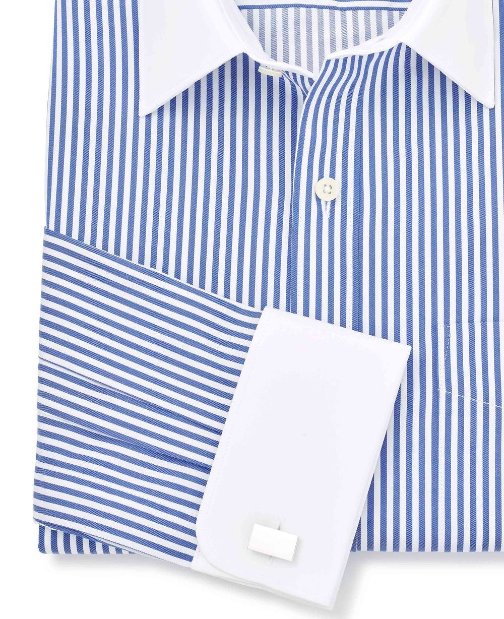 Men's Blue Bengal Stripe Windsor Collar Classic Fit Formal Shirt - Double Cuff - Size: 15" x Standard - 34" - Savile Row Company - image 3
