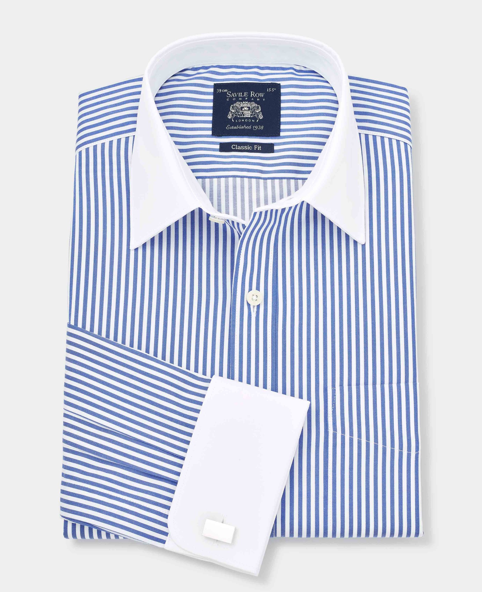Savile Row Company Savile Row Company London Men Classic Fit Bengal Striped Winchester Double Cuff Formal Shirt in Blue | Size: 15.5 in