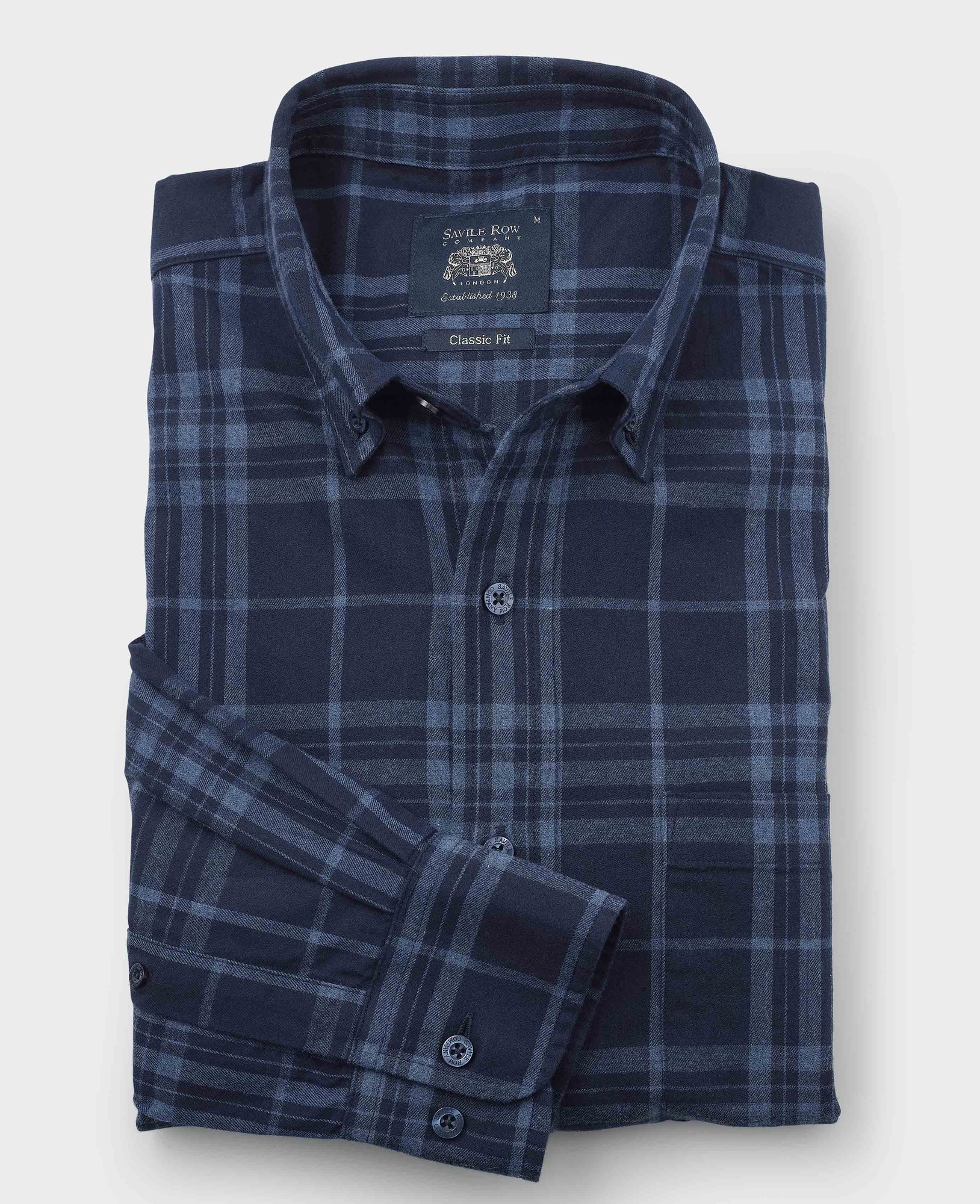 Men's Blue Brushed Cotton Check Classic Fit Button-Down Casual Shirt - Size: XL x Extra Long - 38.5" - Savile Row Company - image 2