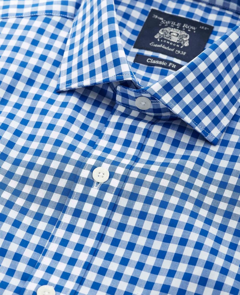 Men's Blue Classic Fit Gingham Formal Shirt - Single Cuff - Size: 15.5" x Standard - 34" - Savile Row Company - image 2